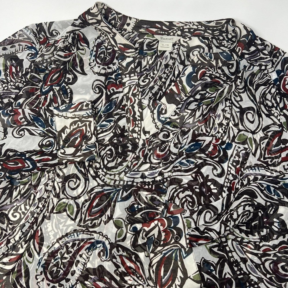 Ariat Size XL Sheer Paisley Floral Blouse‎ Tunic Top Pocket Roll Tab Sleeves